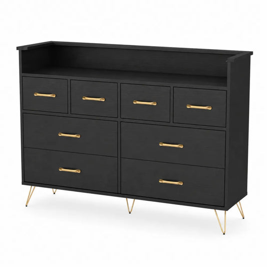 Cassettiera legno nero con maniglie e gambe dorate 7 cassetti