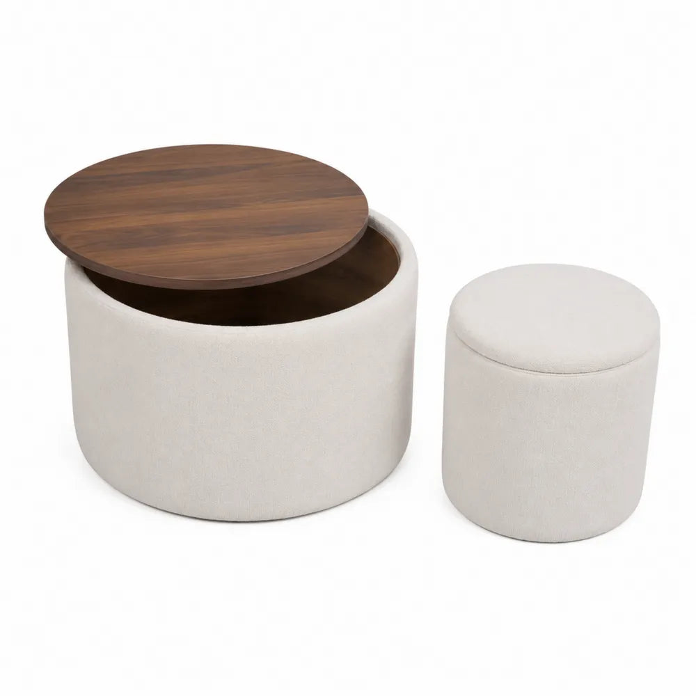 Set pouf rotondi contenitori in tessuto poliestere beige con coperchio in legno di noce