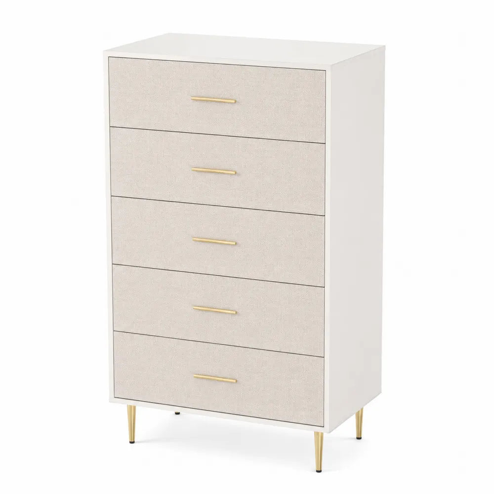 Cassettiera a cinque cassetti in MDF con gambe in metallo dorato