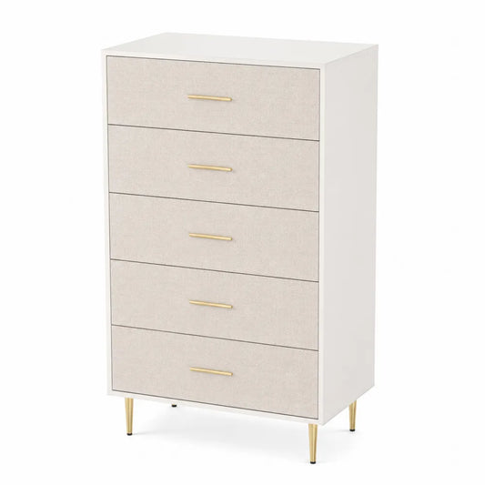 Cassettiera a cinque cassetti in MDF con gambe in metallo dorato