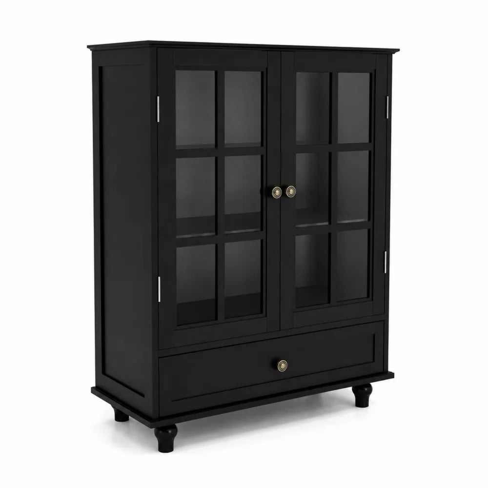 Credenza in legno nero con vetro temperato e cassetto
