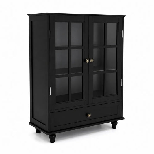 Credenza in legno nero con vetro temperato e cassetto