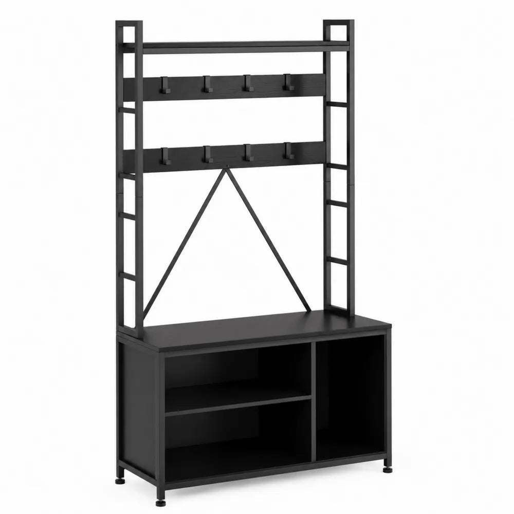 Appendiabiti Scaffale in Metallo Verniciato Nero con Mensola e Ganci 180x90x35 cm