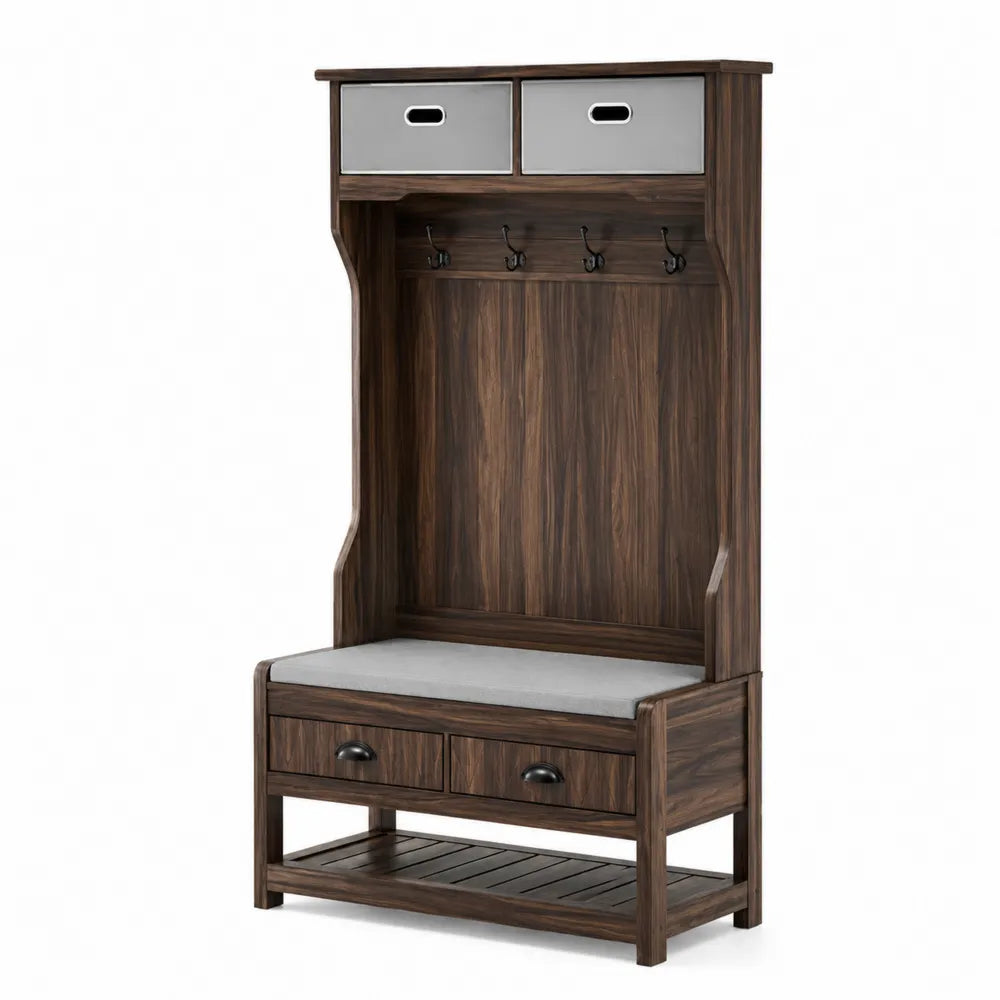Appendiabiti in Legno con Cuscino in Tessuto Grigio e Cassetti